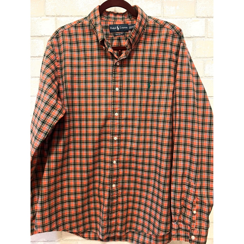 Ralph Lauren Custom Fit Mens Plaid‎ Button Down Shirt Orange Green XL TG